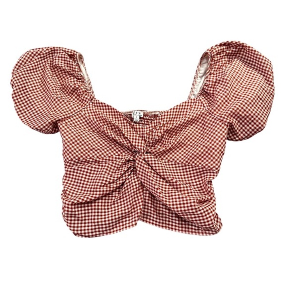 Rabbit Rose Red Gingham Twist Front Puff‎ Sleeve Crop Top County Fair Western